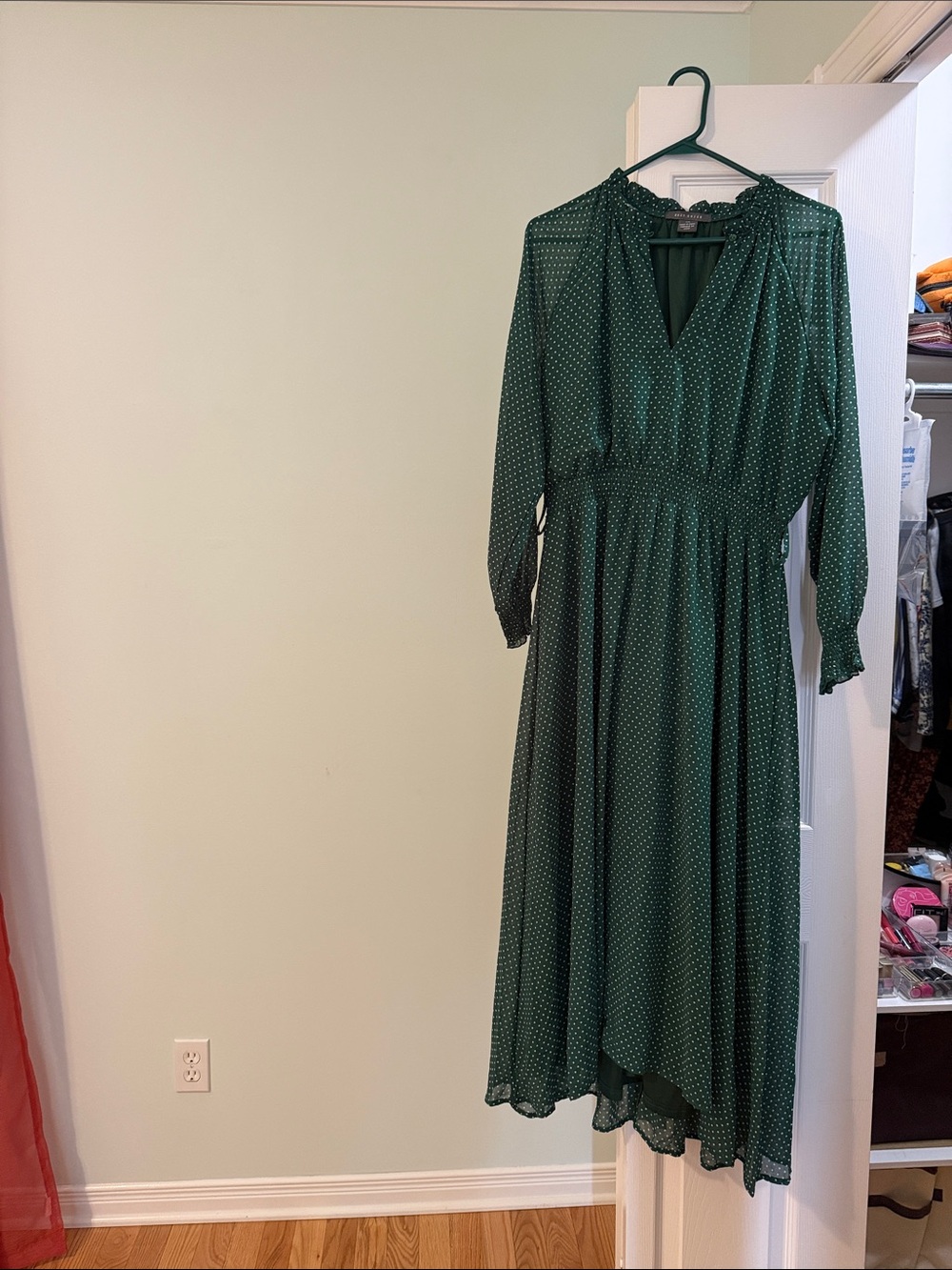 Suzy Shier Forest Green Polka Dot Long Sleeve Midi Dress